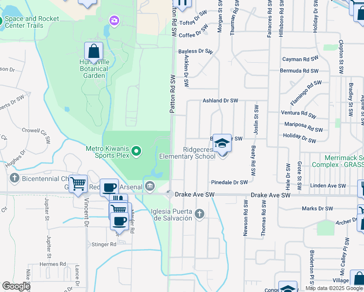 map of restaurants, bars, coffee shops, grocery stores, and more near 3600 Mc Vay Street Southwest in Huntsville