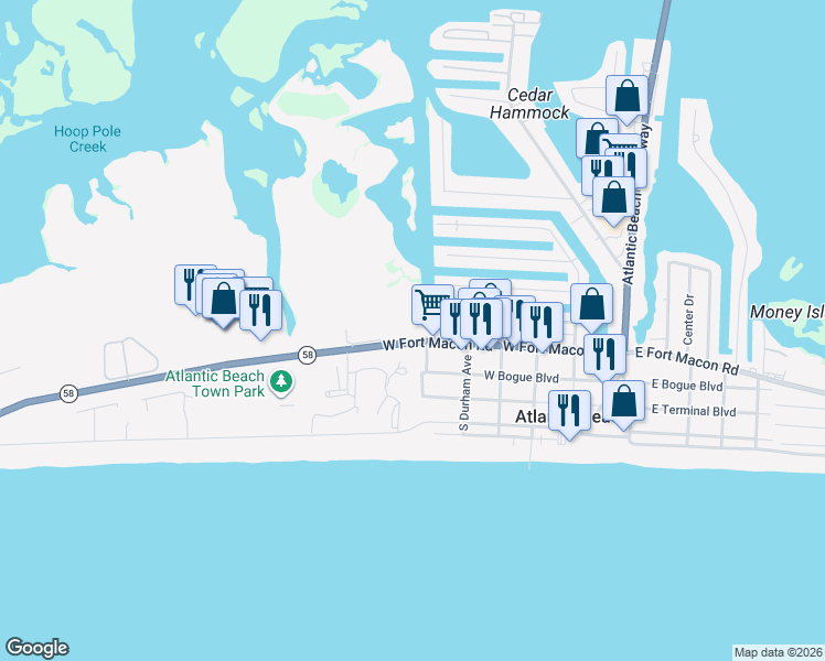 map of restaurants, bars, coffee shops, grocery stores, and more near 410 Davis Boulevard in Atlantic Beach