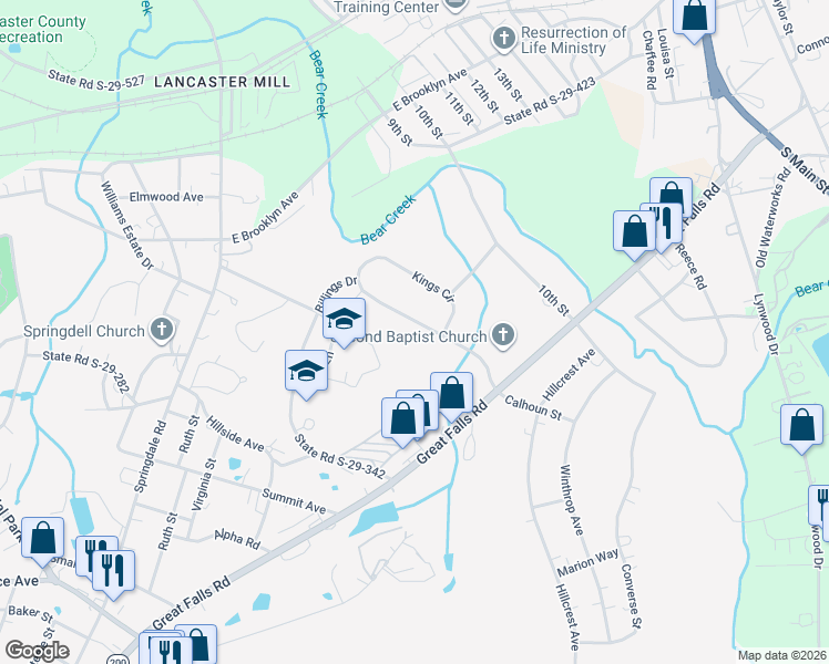 map of restaurants, bars, coffee shops, grocery stores, and more near 1525 Kings Circle in Lancaster