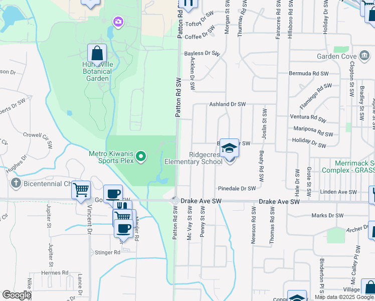 map of restaurants, bars, coffee shops, grocery stores, and more near 3305 Patton Road Southwest in Huntsville