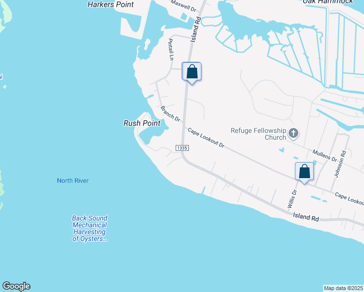 map of restaurants, bars, coffee shops, grocery stores, and more near 431 Island Rd in Harkers Island