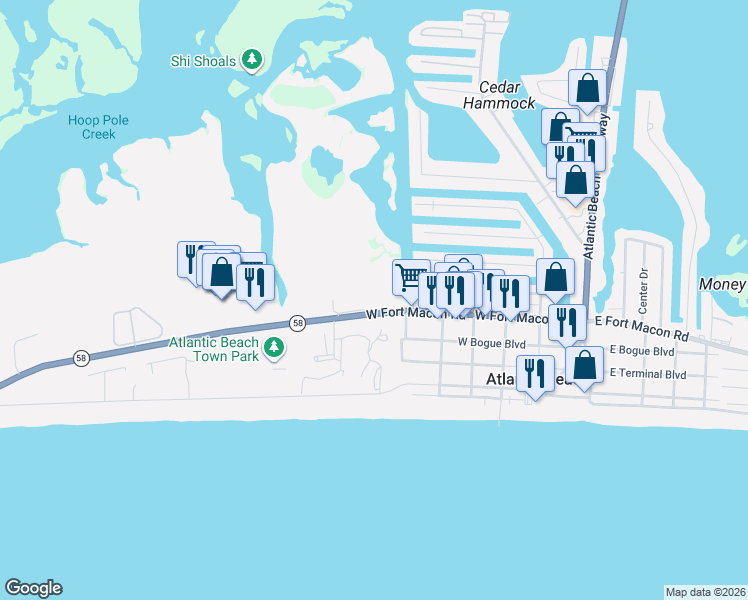 map of restaurants, bars, coffee shops, grocery stores, and more near 608 West Fort Macon Road in Atlantic Beach