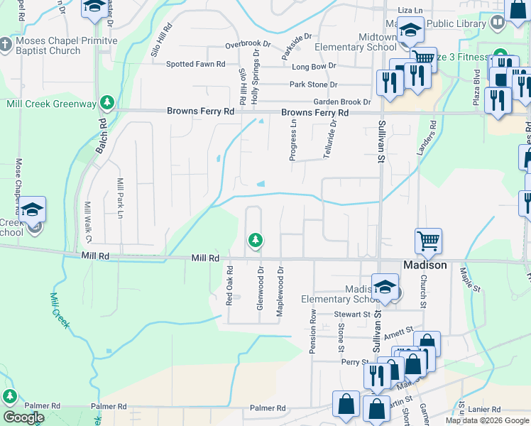 map of restaurants, bars, coffee shops, grocery stores, and more near 122 Bibb Drive in Madison