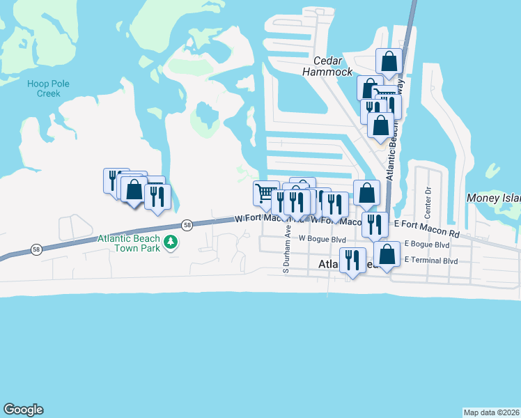 map of restaurants, bars, coffee shops, grocery stores, and more near 410 Davis Boulevard in Atlantic Beach
