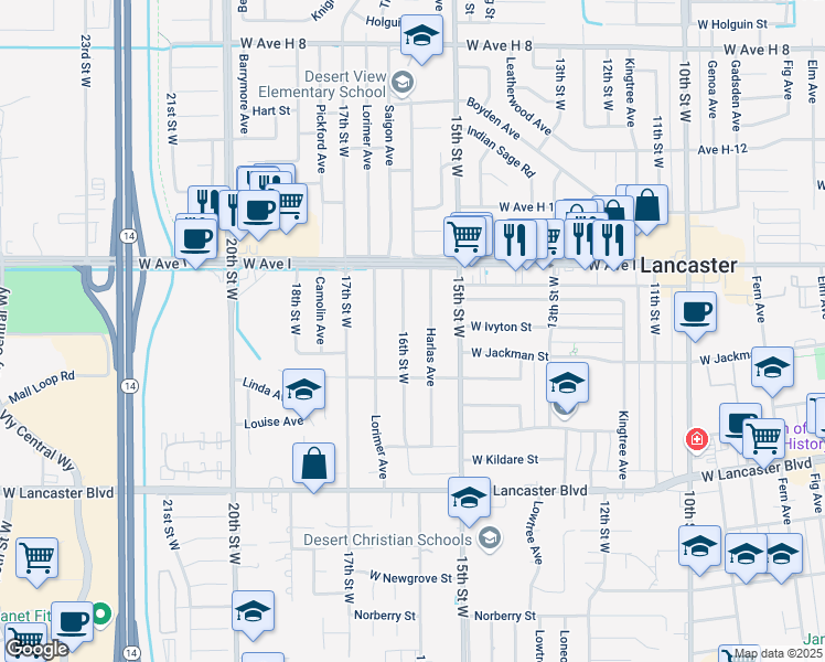map of restaurants, bars, coffee shops, grocery stores, and more near 45115 16th Street West in Lancaster