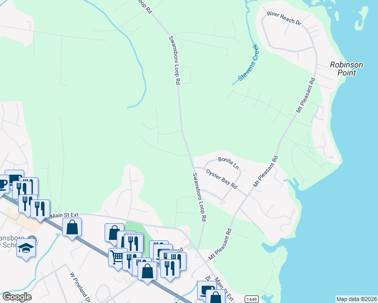 map of restaurants, bars, coffee shops, grocery stores, and more near 196 Swansboro Loop Road in Swansboro