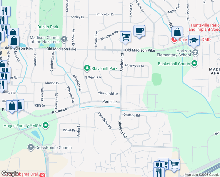 map of restaurants, bars, coffee shops, grocery stores, and more near 106 Betty Garrett Drive in Madison