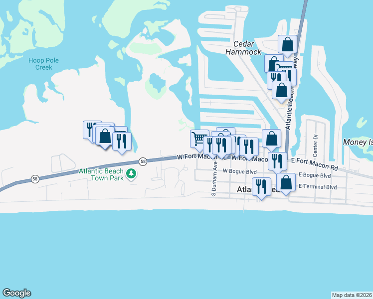 map of restaurants, bars, coffee shops, grocery stores, and more near 130 Needle Rush Drive in Atlantic Beach