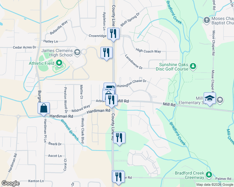map of restaurants, bars, coffee shops, grocery stores, and more near 102 Hunington Chase Drive in Madison