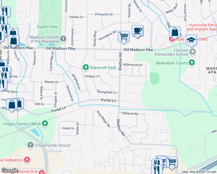 map of restaurants, bars, coffee shops, grocery stores, and more near 106 Betty Garrett Drive in Madison