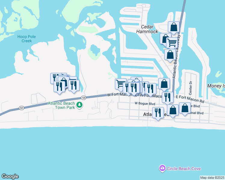 map of restaurants, bars, coffee shops, grocery stores, and more near 602 West Fort Macon Road in Atlantic Beach