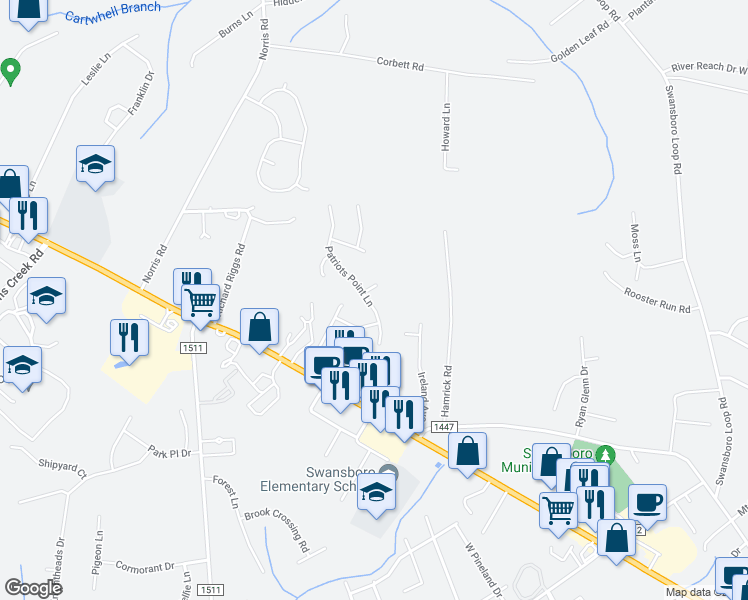 map of restaurants, bars, coffee shops, grocery stores, and more near 420 Patriot's Point Lane in Swansboro