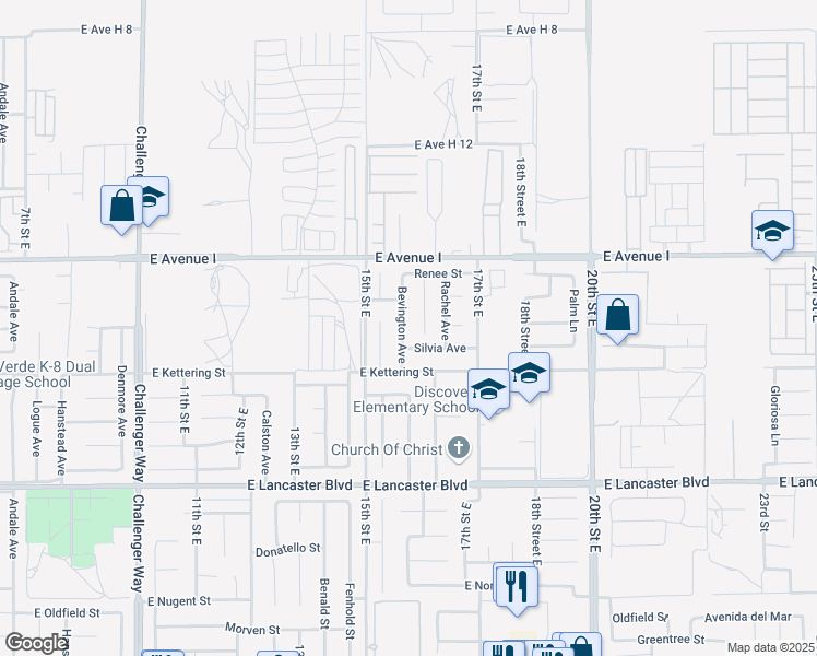 map of restaurants, bars, coffee shops, grocery stores, and more near 45038 Bevington Drive in Lancaster