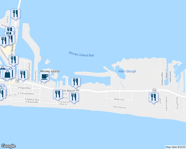 map of restaurants, bars, coffee shops, grocery stores, and more near 1013 East Fort Macon Road in Atlantic Beach