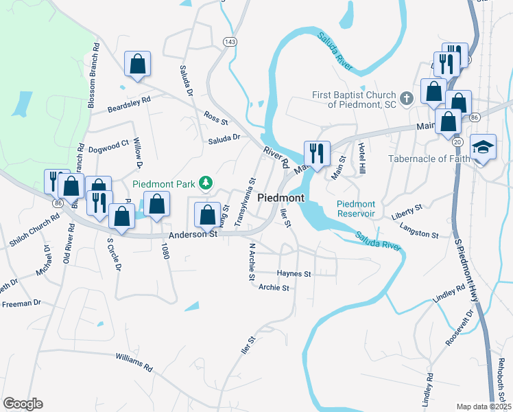 map of restaurants, bars, coffee shops, grocery stores, and more near 105 Park Row Street in Piedmont