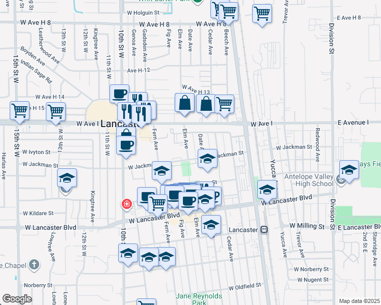 map of restaurants, bars, coffee shops, grocery stores, and more near 45110 Elm Avenue in Lancaster