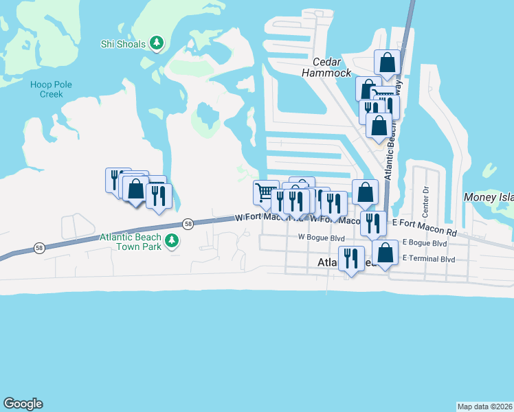 map of restaurants, bars, coffee shops, grocery stores, and more near 410 Davis Boulevard in Atlantic Beach