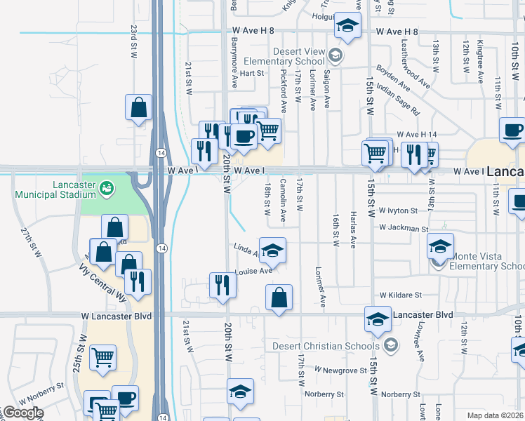 map of restaurants, bars, coffee shops, grocery stores, and more near 45035 18th Street West in Lancaster