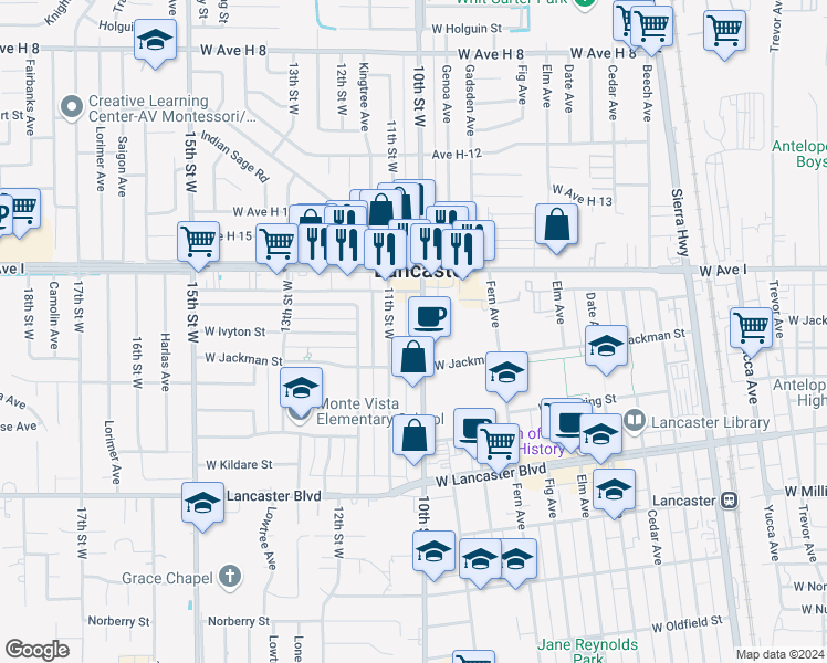 map of restaurants, bars, coffee shops, grocery stores, and more near 45037 10th Street West in Lancaster