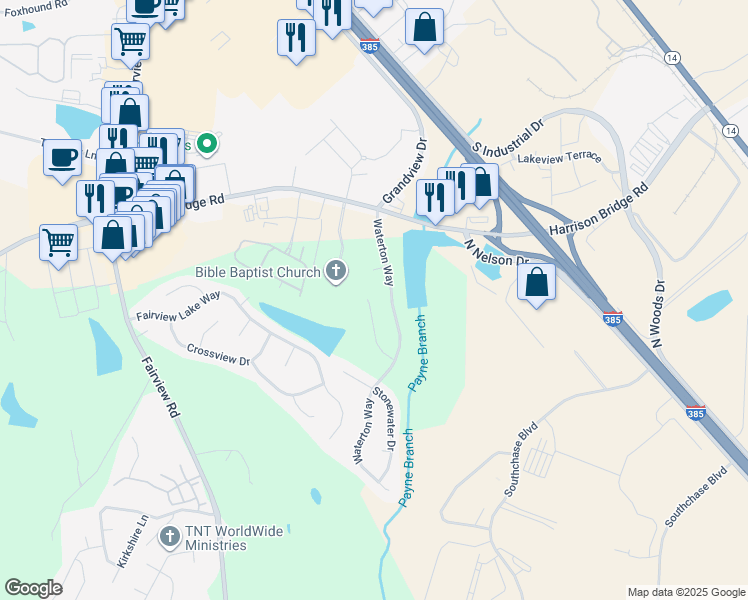 map of restaurants, bars, coffee shops, grocery stores, and more near 20 Heather Stone Court in Simpsonville
