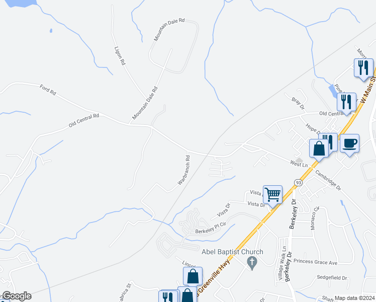 map of restaurants, bars, coffee shops, grocery stores, and more near 1100 Old Central Road in Central