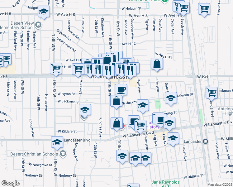 map of restaurants, bars, coffee shops, grocery stores, and more near 45037 10th Street West in Lancaster