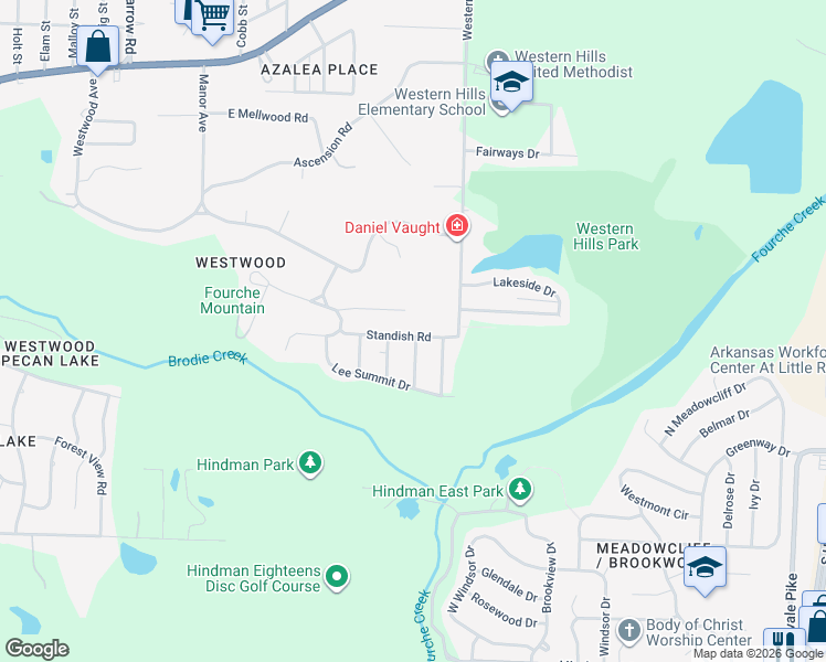 map of restaurants, bars, coffee shops, grocery stores, and more near 7721 Lassie Lane in Little Rock