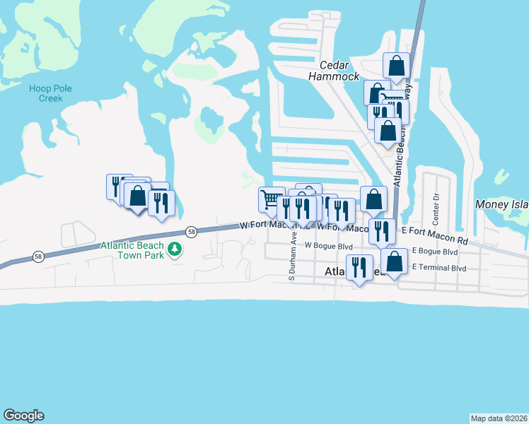 map of restaurants, bars, coffee shops, grocery stores, and more near 410 Davis Boulevard in Atlantic Beach