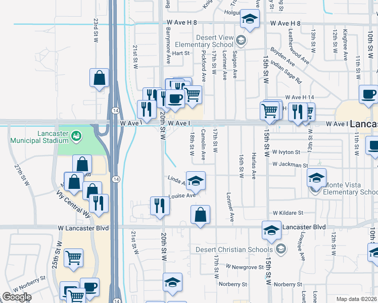map of restaurants, bars, coffee shops, grocery stores, and more near 45035 18th Street West in Lancaster