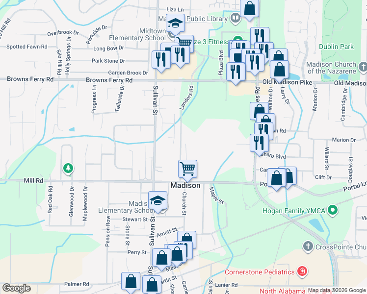 map of restaurants, bars, coffee shops, grocery stores, and more near 132 Sarah Hughes Drive in Madison