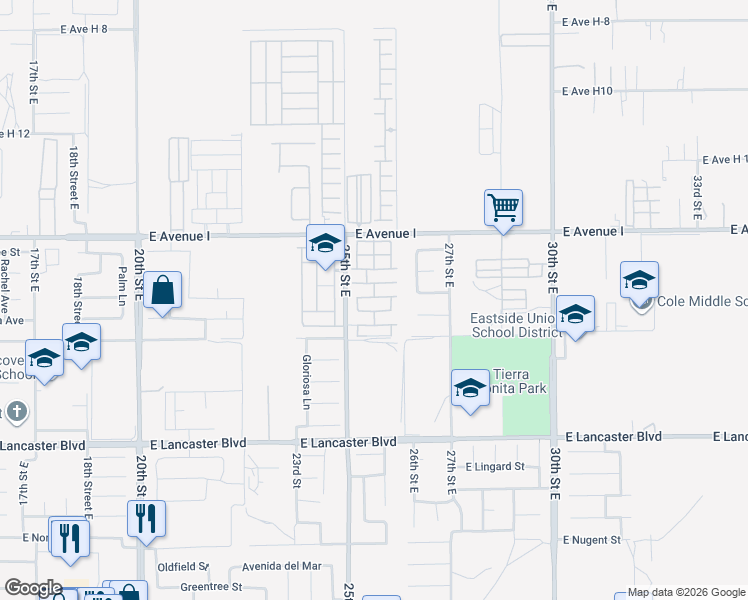 map of restaurants, bars, coffee shops, grocery stores, and more near 2550 East Avenue H10 in Lancaster
