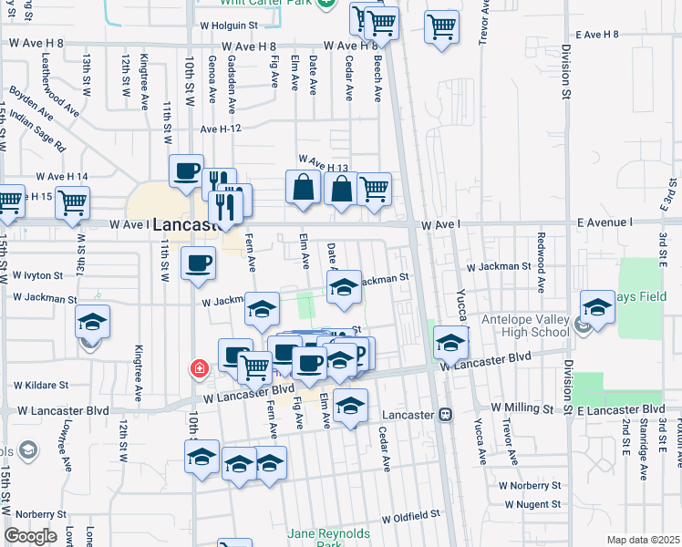 map of restaurants, bars, coffee shops, grocery stores, and more near 45112 Date Avenue in Lancaster