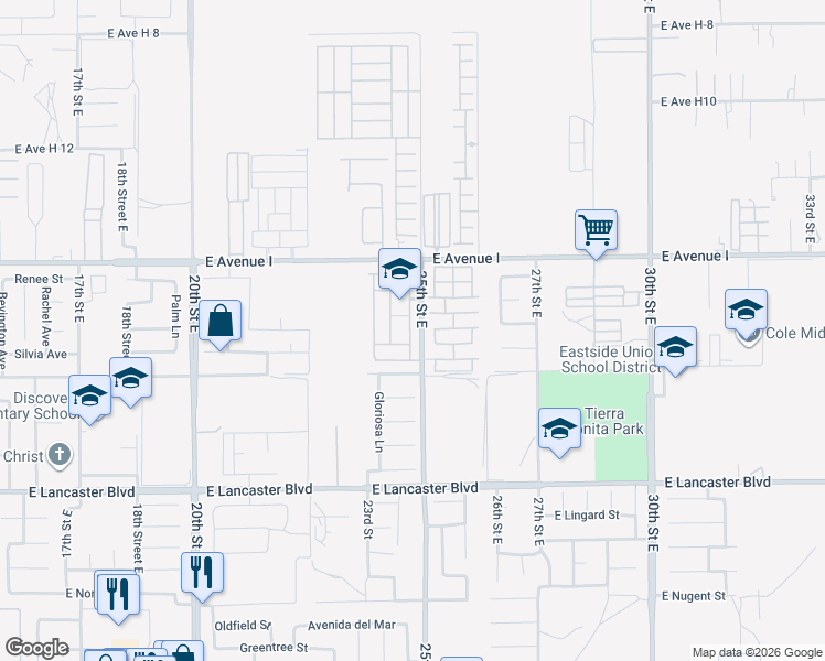 map of restaurants, bars, coffee shops, grocery stores, and more near North East 25th Street in Lancaster
