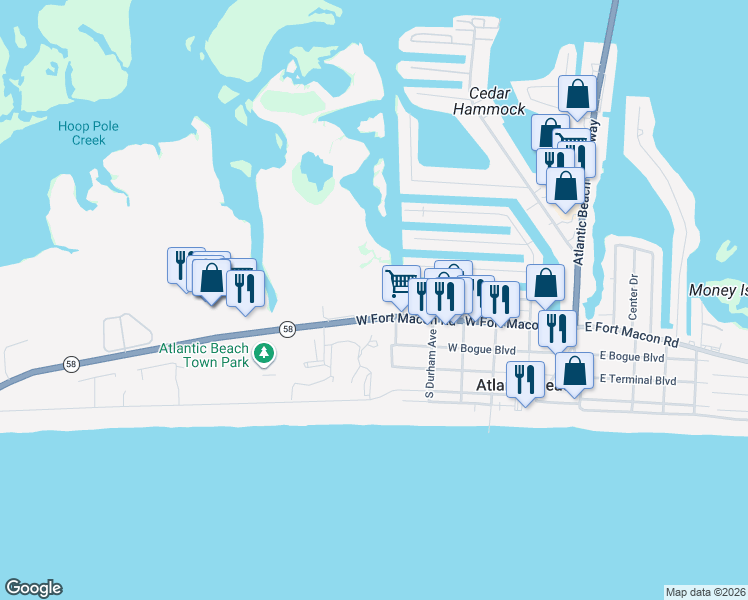 map of restaurants, bars, coffee shops, grocery stores, and more near 130 Needle Rush Drive in Atlantic Beach