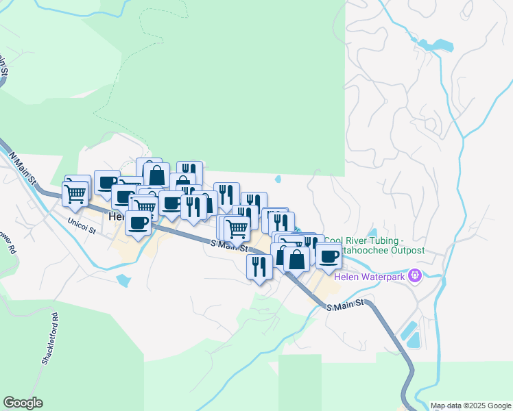 map of restaurants, bars, coffee shops, grocery stores, and more near 630 Chattahoochee Strasse in Helen