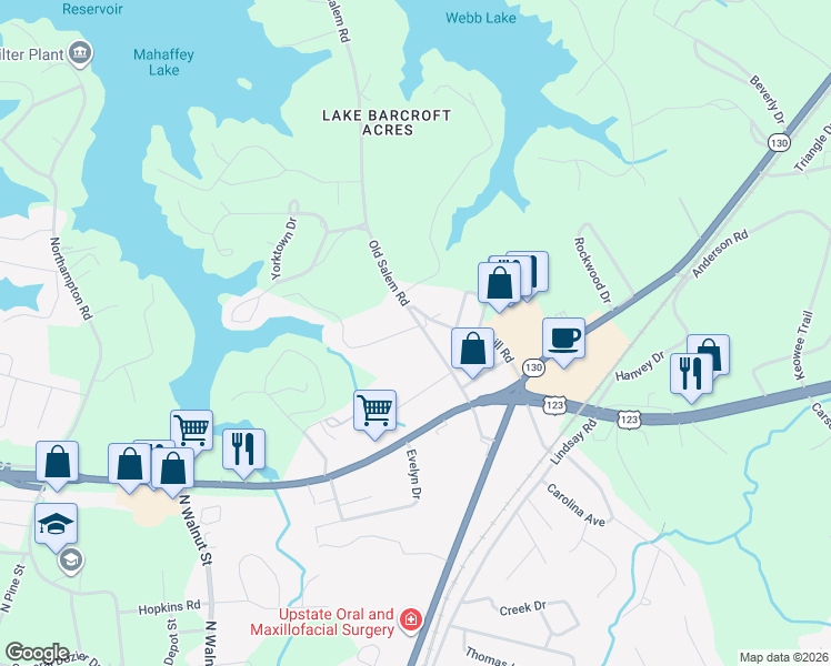 map of restaurants, bars, coffee shops, grocery stores, and more near 301 Old Salem Road in Seneca