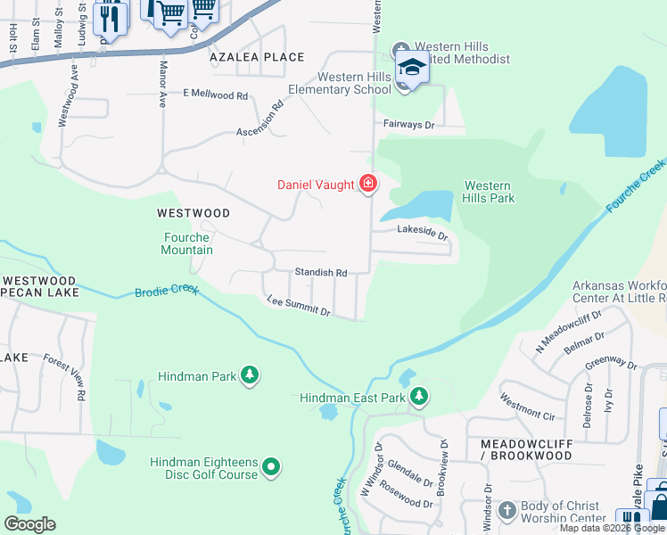 map of restaurants, bars, coffee shops, grocery stores, and more near 7721 Lassie Lane in Little Rock