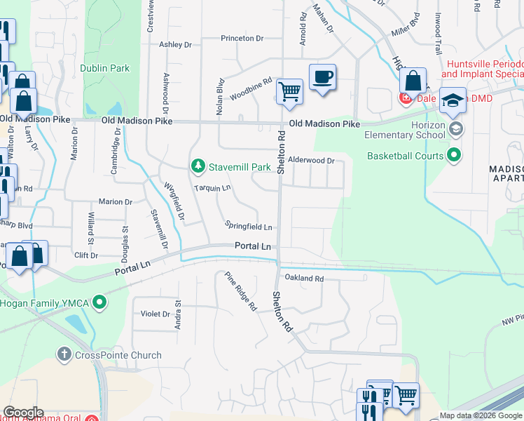 map of restaurants, bars, coffee shops, grocery stores, and more near 106 Betty Garrett Drive in Madison