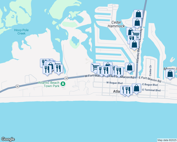 map of restaurants, bars, coffee shops, grocery stores, and more near 602 West Fort Macon Road in Atlantic Beach