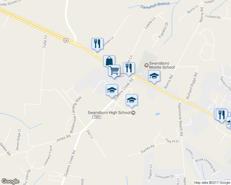 map of restaurants, bars, coffee shops, grocery stores, and more near 140 Queens Creek Road in Swansboro