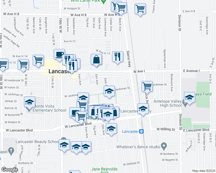 map of restaurants, bars, coffee shops, grocery stores, and more near 45114 Date Avenue in Lancaster