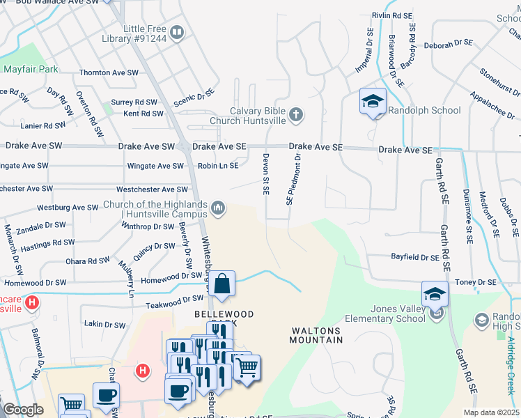 map of restaurants, bars, coffee shops, grocery stores, and more near 4016 Devon Street Southeast in Huntsville