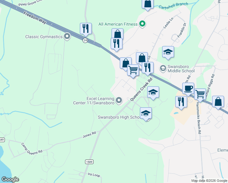 map of restaurants, bars, coffee shops, grocery stores, and more near 39 Pirates Cove Drive in Swansboro