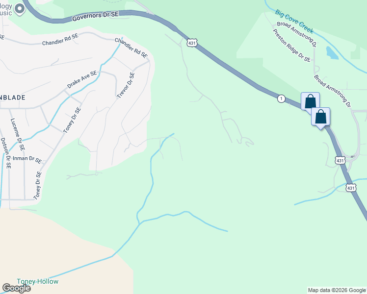 map of restaurants, bars, coffee shops, grocery stores, and more near 1622 Chandler Road Southeast in Huntsville