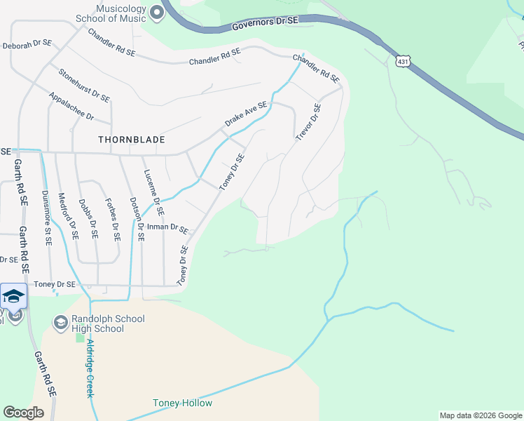 map of restaurants, bars, coffee shops, grocery stores, and more near 2726 Trevor Drive Southeast in Huntsville
