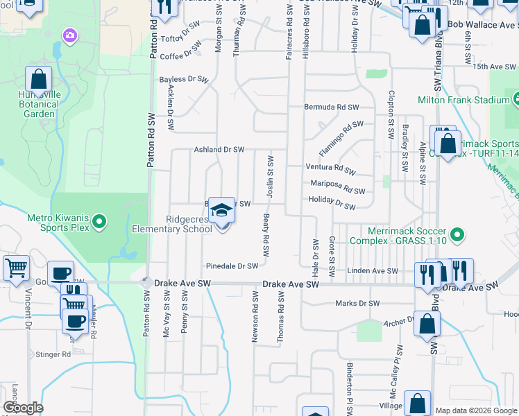 map of restaurants, bars, coffee shops, grocery stores, and more near 3710 Belvoir Drive Southwest in Huntsville