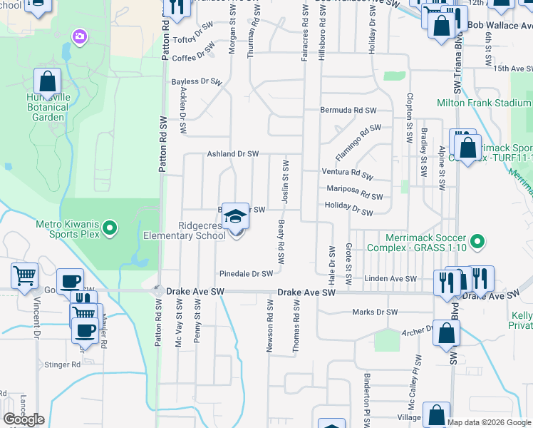 map of restaurants, bars, coffee shops, grocery stores, and more near 3710 Belvoir Drive Southwest in Huntsville