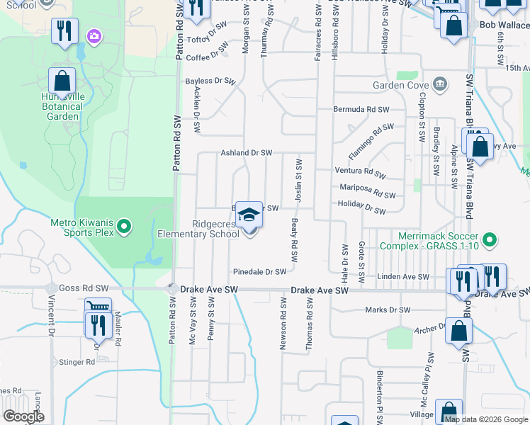 map of restaurants, bars, coffee shops, grocery stores, and more near 3222 Montrose Street Southwest in Huntsville