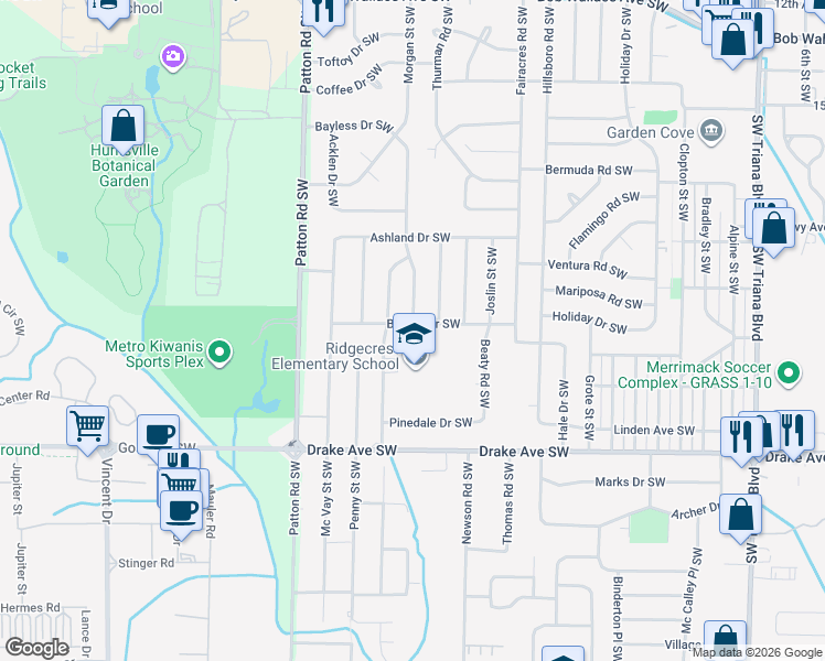 map of restaurants, bars, coffee shops, grocery stores, and more near 3219 Southwest Cerro Vista Street in Huntsville