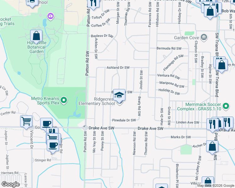 map of restaurants, bars, coffee shops, grocery stores, and more near 3219 Southwest Cerro Vista Street in Huntsville